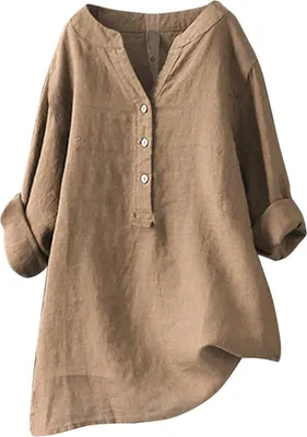 Image de ASKSA Femme Coton Lin Chemisier Unicolore Manches Longues Chemise Libre Boutons Enrouleurs Tops, Kaki, Taille : S