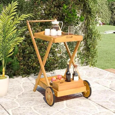 Produktbild von Teewagen Massivholz Akazie 54 x 87 x 90 cm mit Rollen, Servierwagen mit Flaschenhalter, Kücheninsel Beistellwagen für Küche Esszimmer mit Stauraum und Mobilität