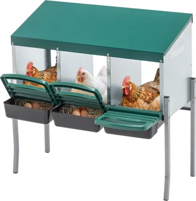 Obrázok produktu pre Hniezdiace boxy pre slepice s 3 hniezdiskami a nohami, kovové, zelené, 80 x 33 x 81 cm