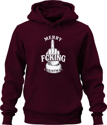 Obrázek produktu pro MERRY FCKING CHRISTMAS prostředníček sarkastický vánoční cheeky uni mikina s kapucí, Burgundy, M