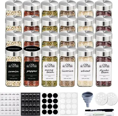 Obrázek produktu pro Sada 24 kořenek Unyqoos® – čtvercové, vzduchotěsné nádoby na koření vyrobené z nerozbitného skla s nerezovými víčky, dávkovači, štítky, trychtýři, fixem a štětcem