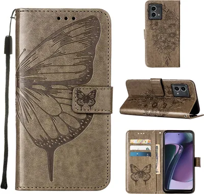 Produktbild von Lederhülle für Motorola Moto G Stylus 5G (2023) Schmetterling Prägung Flip Ledertasche Kartenfächer Handyhülle mit Ständer Grau