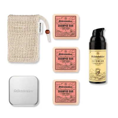 Produktbild von Störtebekker® Dusch Routine Set - 3 x festes Shampoo (Tortuga), Sisalsäckchen, Seifendose & Tagescreme - für die tägliche Pflege