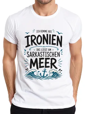 Immagine prodotto di T-shirt da uomo, colore bianco, taglia XL, con scritta "Vengo da un mare di ironia e sarcasmo"