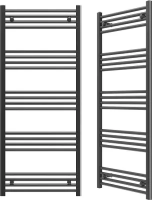 Two views of a black towel radiator against a white background.