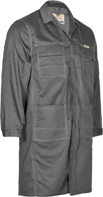 A grey work coat with multiple pockets is shown against a white background.