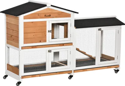 Image de PawHut Clapier bois pour lapins petit enclos animaux villa pour lapin sur roulettes 2 šŠtages 3 plateaux coulissants 157,4 x 53 x 99,5 cm jaune