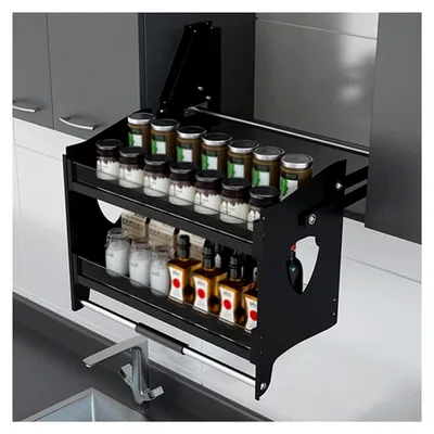 Produktbild von Ausziehbares Küchen-Gewürzregal, 2 Etagen, Wandmontage, Schwarz, Metall-Aufbewahrungssystem
