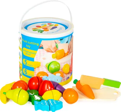 Obrázok produktu pre Drevená súprava ovocia a zeleniny na krájanie – 13 dielov, vedierko, pre deti 3+