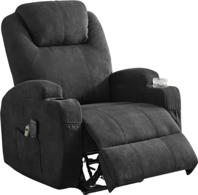 A dark gray electric massage recliner chair with a footrest extended.