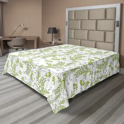 Produktbild von ABAKUHAUS Blume Bettlaken, Paisley Blatt Antike Stamm Strudel Traditionelle Damast Mode Stilisieren Flora, weiches bequemes oberes Bettlaken für ein dekoratives Bett 1 Stück 244 cm x 205 cm, Grün Schwarz Weiß