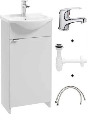 A white bathroom vanity with a sink and faucet, along with separate plumbing components and flexible hoses, displayed against a white background.