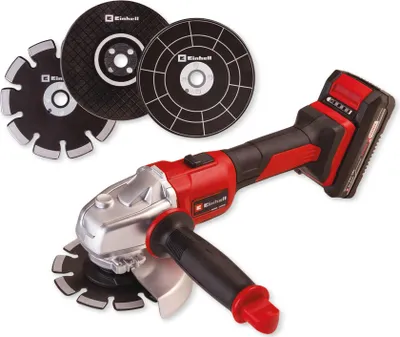 A cordless angle grinder with three cutting discs.
