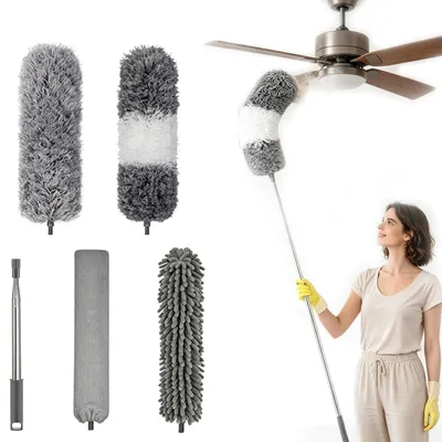 Produktbild von Mikrofasertuch Staubwedel Teleskopstab - Ausziehbar bis 250 cm - Waschbar - 5-teilig - Für Decke und Möbel