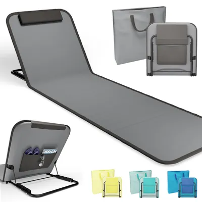 Produktbild von ONBEST Strandliege | faltbar | mit Rückenlehne | Kissen und Tragetasche | Staufach | Grau | 165x49cm | klappbar