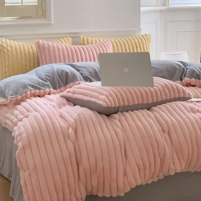 Produktbild von 360Home Vliesstoff Koralle verdickt Herbst und Winter Bettlaken 4teiliges Set Rosa grau 1.8m