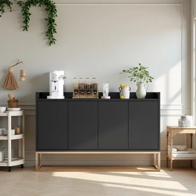 Image de Buffet INONEFT, 4 portes avec étagères, 120x30x80 cm, commode moderne, meuble de cuisine, buffet pour salon, idéal pour salle à manger, salon ou cuisine, couleur noire
