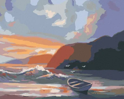 Produktbild von Zuty - Malen nach Zahlen - BOOT AN DER KÜSTE, WELLEN UND SONNENUNTERGANG (D. RUSTY RUST), 40x50 cm, ohne Keilrahmen