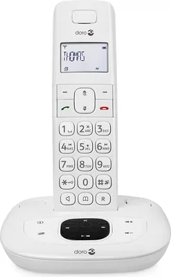 A white Doro cordless phone is shown in its charging base against a white background.