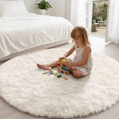 Produktbild von Teppich Hochflor Rund 160x160 cm Creme Polyester