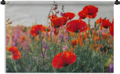 Produktbild von MuchoWow® Wandteppich Wandbehang Mohn - Blumen - Rot - Lila - Wiese 60x40 cm Tapisserie Dekoration Wandtuch - Wanddekorationen