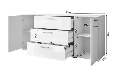 A white dresser with three drawers and a cabinet on the right side, shown with dimensions indicated by measurement lines and text.