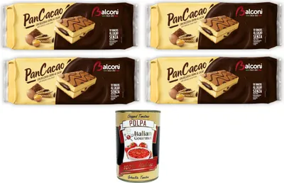 Produktbild von Balconi Pancacao,Morbido pan di spagna e dolce crema al cacao Pancacoa, weicher Biskuitkuchen und süße Kakaocreme 4x280gr + Italian Gourmet polpa 400g