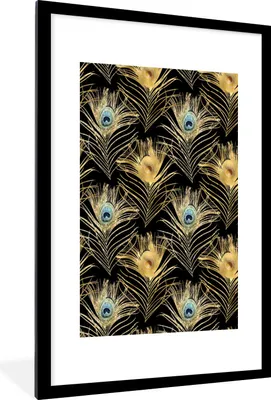 Produktbild von MuchoWow® Gerahmtes Poster Muster - Pfauenfedern - Gold 60x90 cm - Poster mit Schwarzem Bilderrahmen Wandposter Rahmen Foto Bilder - Dekoration - Wandposter Wohnzimmer - Hochwertig