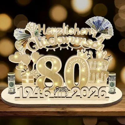 Holzschild zum 80. Geburtstag, Geldgeschenk, 23,5 x 10,5 cm
