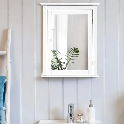 Produktbild von GOPLUS Spiegelschrank, 56 x 15 x 69,5 cm Badspiegel, Wandschrank Hängeschrank mit Stauraum mit Höhenverstellbaren Regal Ebenen, für Badezimmer WC (Weiß)