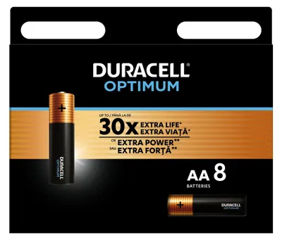 A product package for Duracell Optimum AA batteries.