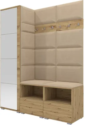 Produktbild von Garderoben-Set Nela II mit Spiegel, Polstergarderobe mit zwei Schuhschränke und Wandpaneele, Flurgarderobe mit Hochschrank (Farbe: Artisan Eiche + Trinity 04 (Beige))