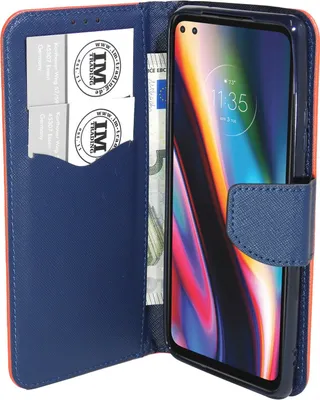 Produktbild von Buch Tasche "Fancy" kompatibel mit MOTOROLA MOTO G 5G Handy Hülle Etui Brieftasche Schutzhülle mit Standfunktion, Kartenfach Rot-Blau
