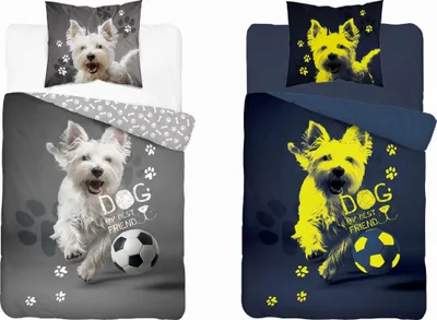 Two sets of bedding with a West Highland White Terrier dog and a soccer ball. The left set is gray and white, and the right set is dark blue and yellow. Both sets include a pillowcase and a duvet cover.