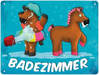 Produktbild von Metallschild XL mit Pferde Motiv und Spruch: Badezimmer Schild Blechschild