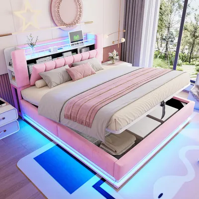 Productafbeelding van Boxspringbed 180 x 200 cm, roze, met LED-verlichting, USB-aansluitingen, hydraulische opbergruimte, fluwele bekleding, metalen frame en lattenbodem