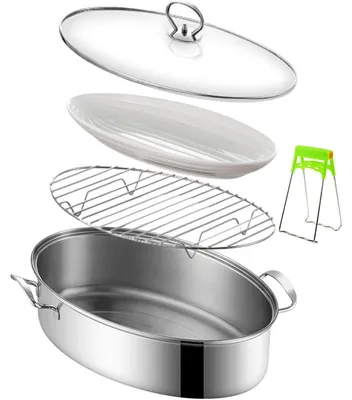 Produktbild von Edelstahl Fisch-Dämpfer 38,7x25x10,8 cm – Mit Rost & Keramik, Ideal für Fisch, Pasta, Suppen