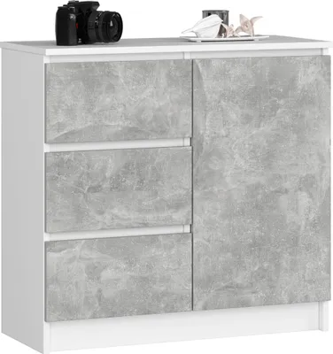 Produktbild von Komoda AKORD JERRY Biała 80 cm 1 drzwi 3 szuflady kolor Beton mat 2 półki 80x35x77 cm