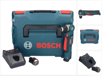 A collage of images showing a Bosch Professional GWB 12V-10 Akku Winkelbohrmaschine, its case, battery, and charger.