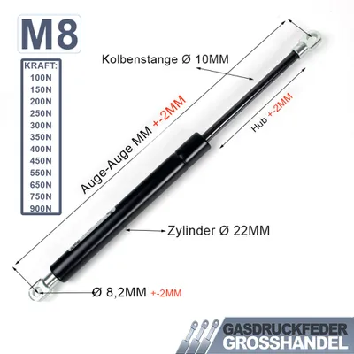 Produktbild von Gasdruckfeder Gasdruckdämpfer Augenaufnahme LÄNGE-250mm HUB-80mm KRAFT-300N
