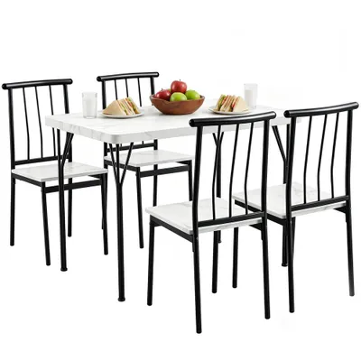 Produktbild von Yaheetech 5-tlg. Essgruppe für 4 Personen, Esstisch mit 4 Stühlen, 5er Küchentisch-Set rechteckig, 4 cm dicke Tischplatte, Weiß