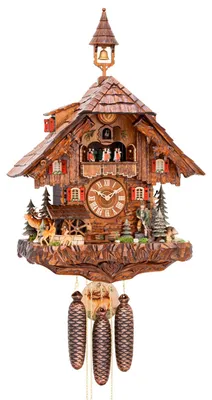 Produktbild von Cuco Clock Kuckucksuhr Schwarzwalduhr "Waldleben mit Jäger" 30 x 45 x 68cm Wanduhr aus Holz, 8 - Tage Werk, automatische Nachtabschaltung