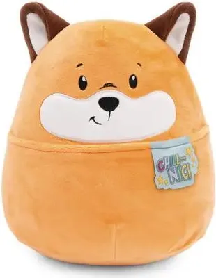 A plush toy fox is shown against a white background.