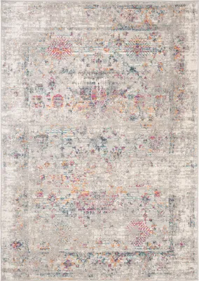 A top-down view of a rectangular rug with a distressed, vintage-inspired pattern.