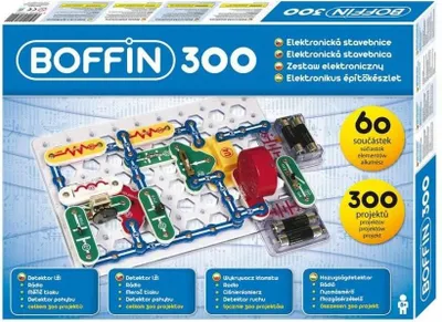 The image shows the packaging of a Boffin 300 electronic construction kit, with the product itself partially visible.