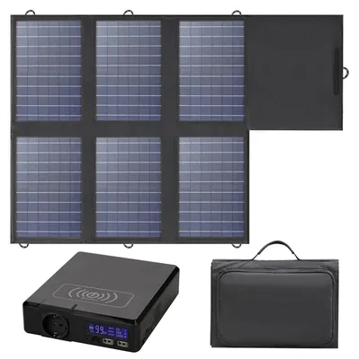Zdjęcie produktu dla Przenośny powerbank solarny – stacja zasilania – z panelem słonecznym o mocy 60W – składany – z wyjściem USB-C