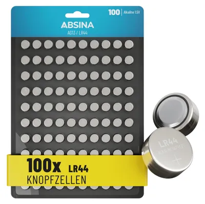 Immagine prodotto di ABSINA 100x AG13 LR44 a bottone 1,5V - Pile alcaline a bottone a prova di perdite e a lunga durata - LR1154 L1154 G13 157