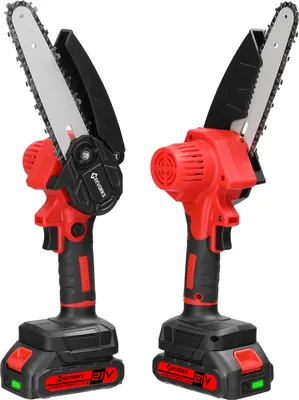 Obrázek produktu pro Mini řetězová pila, 6palcová 21V elektrická řetězová pila s 2x baterií 5x řetěz 1x vodicí deska 1x nabíječka a 1x úložný box, přenosná ruční bateriová řetězová pila