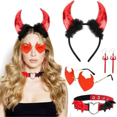 Zdjęcie produktu dla HOWAF Halloweenowy kostium diabła opaska na głowę okulary rogi anielskie skrzydła naszyjnik zestaw