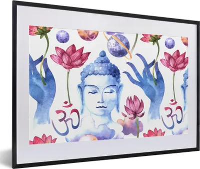 Produktbild von MuchoWow® MuchoWow® Gerahmtes Poster Buddha - Muster - Blumen 60x40 cm - Poster mit zchwarzem Bilderrahmen - Schlafzimmer - Plakat in Rahmen - Drucken